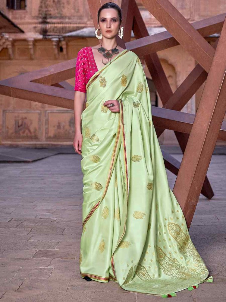 Pista Pure Satin Silk Handwoven Wedding Festival Classic Style Saree