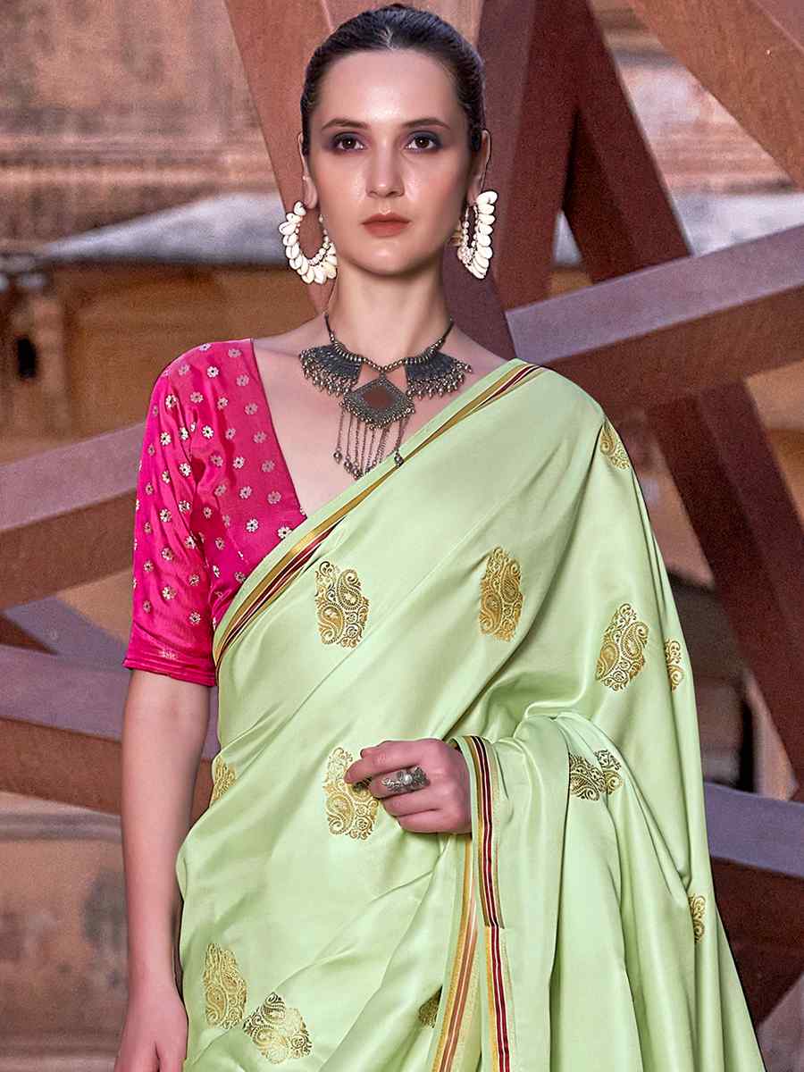 Pista Pure Satin Silk Handwoven Wedding Festival Classic Style Saree