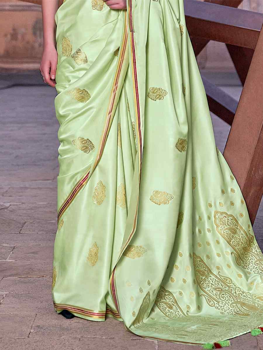 Pista Pure Satin Silk Handwoven Wedding Festival Classic Style Saree