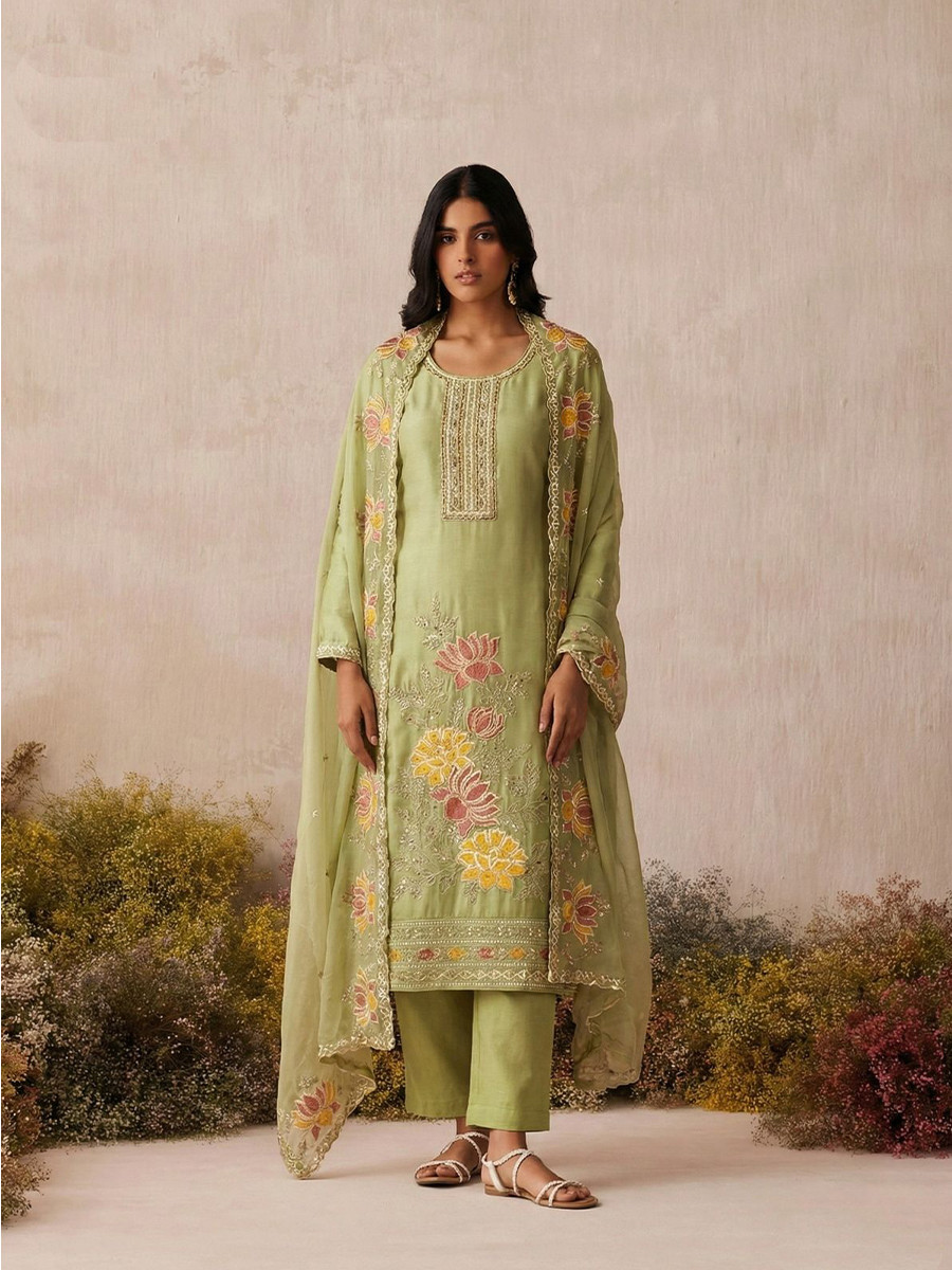 Pista Pure Shimmer Silk Embroidery Floral Sequins Party Wedding Festival Casual Ready Pant Salwar Kameez