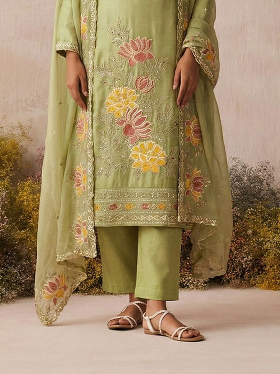 Pista Pure Shimmer Silk Embroidery Floral Sequins Party Wedding Festival Casual Ready Pant Salwar Kameez