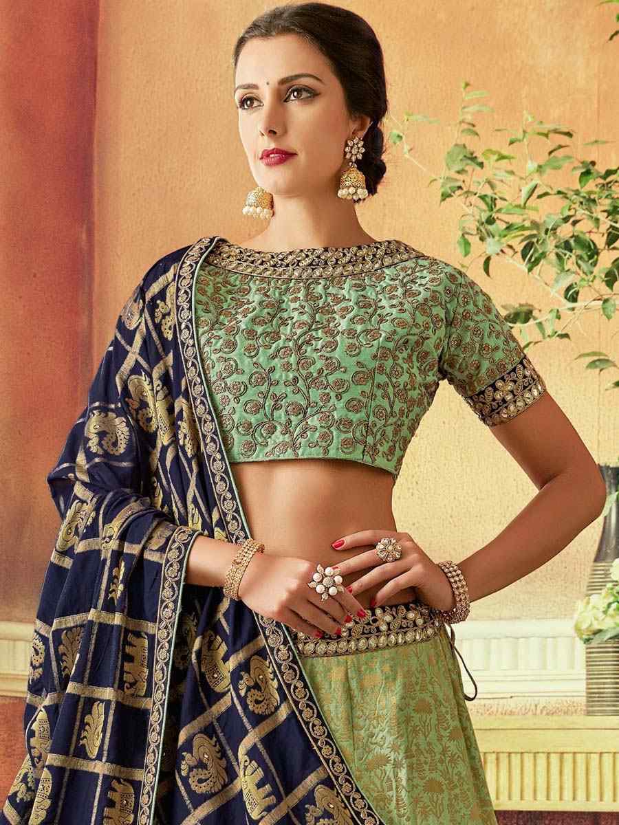 Pista Raw Silk Embroidered Festival Wedding Circular Lehenga Choli
