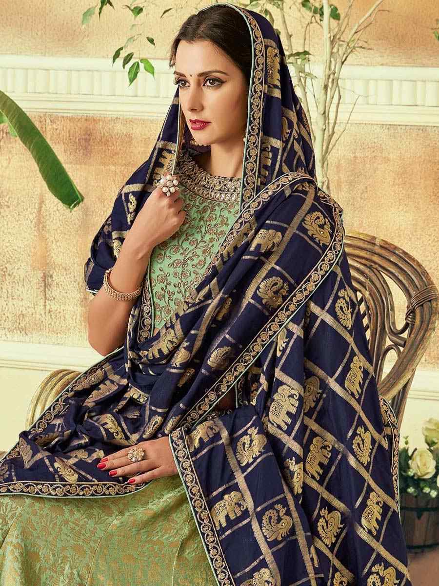 Pista Raw Silk Embroidered Festival Wedding Circular Lehenga Choli