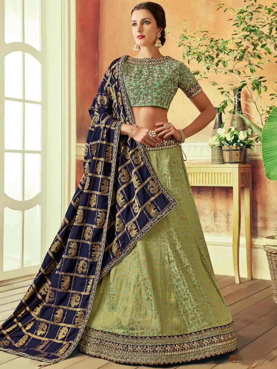 Pista Raw Silk Embroidered Festival Wedding Circular Lehenga Choli