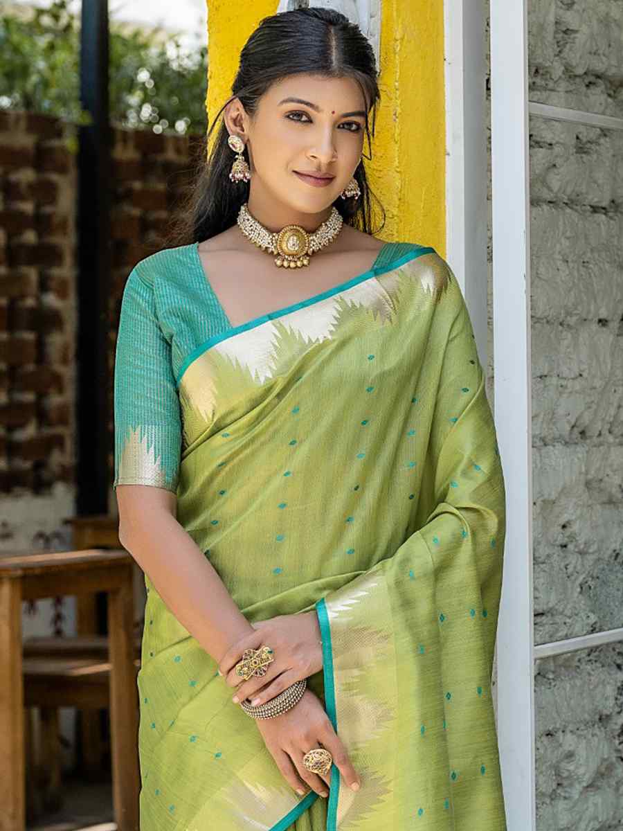 Pista Raw Silk Handwoven Casual Festival Classic Style Saree