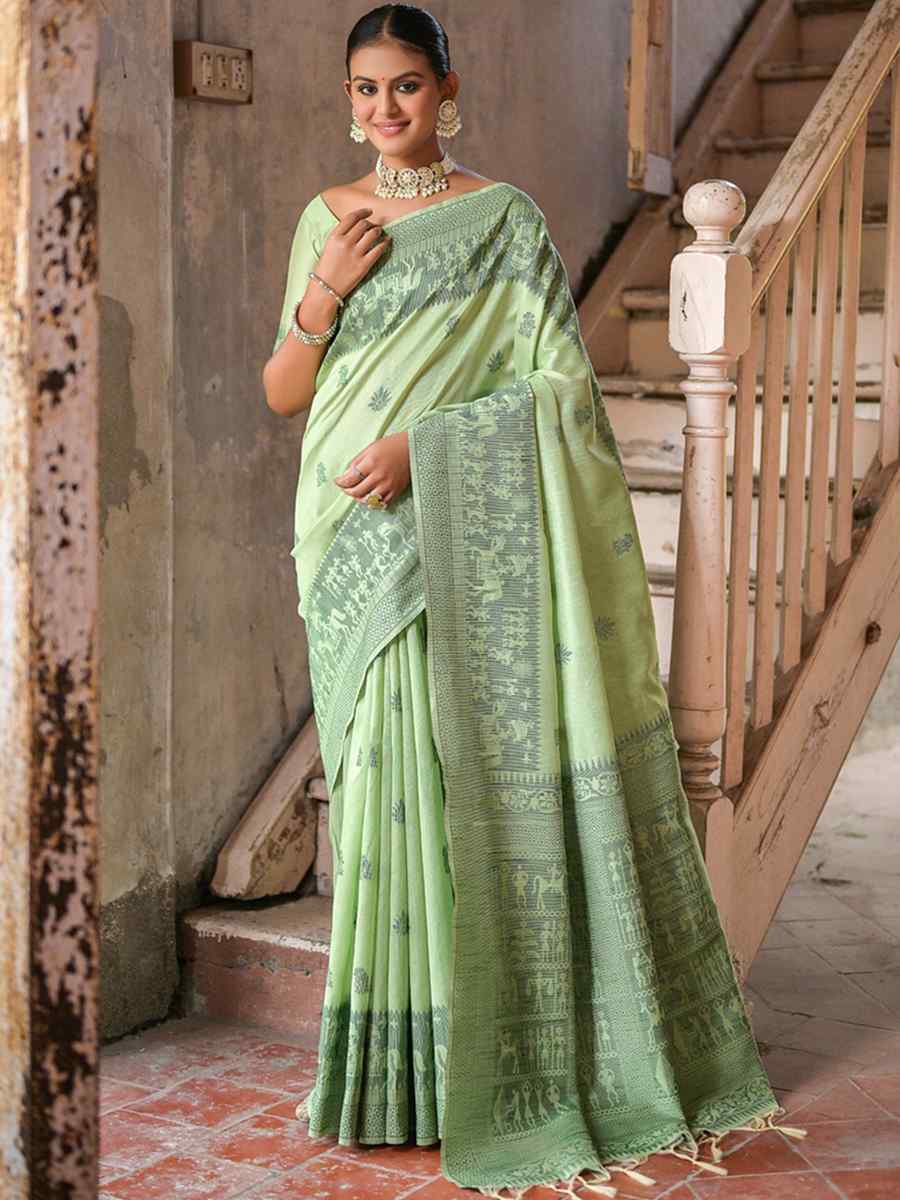 Pista Raw Silk Handwoven Casual Festival Heavy Border Saree