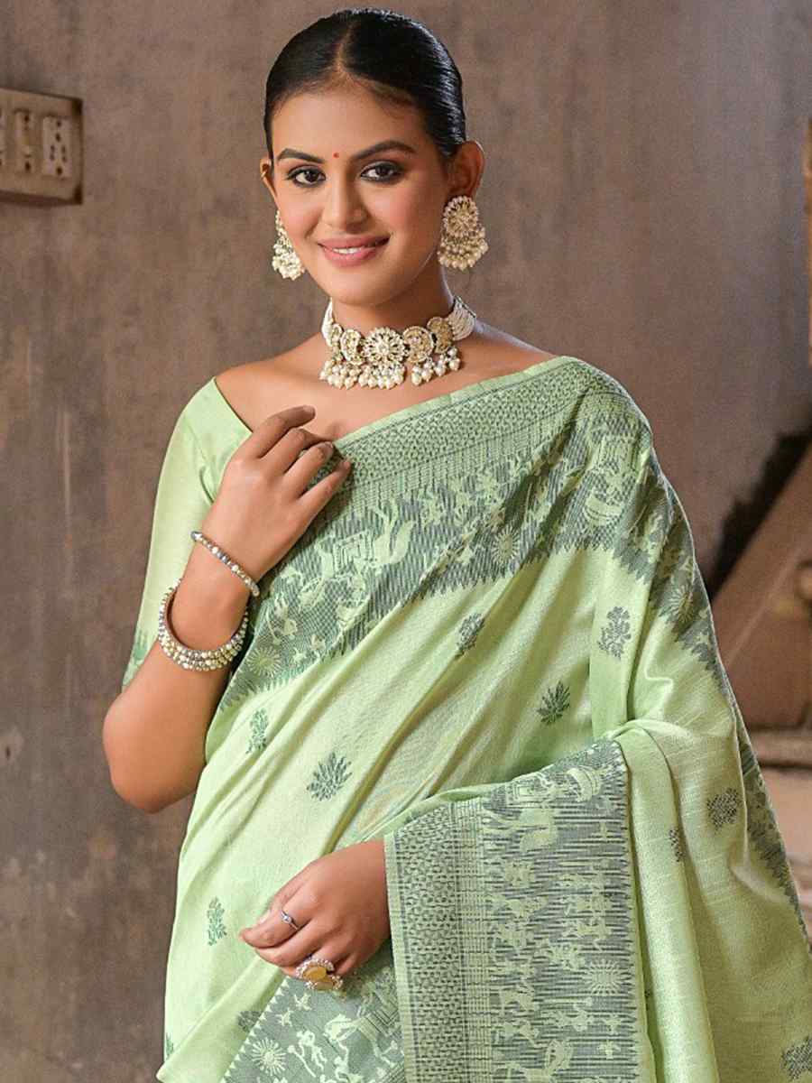 Pista Raw Silk Handwoven Casual Festival Heavy Border Saree