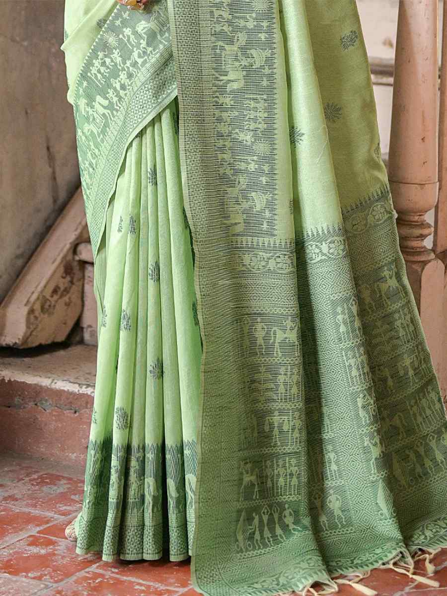 Pista Raw Silk Handwoven Casual Festival Heavy Border Saree