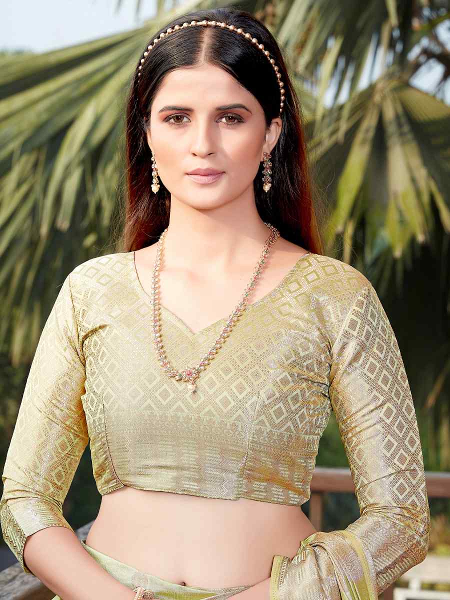 Pista Raw Silk Handwoven Party Festival Heavy Border Saree