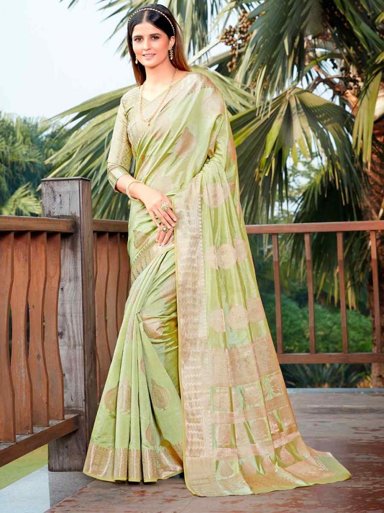 Pista Raw Silk Handwoven Party Festival Heavy Border Saree