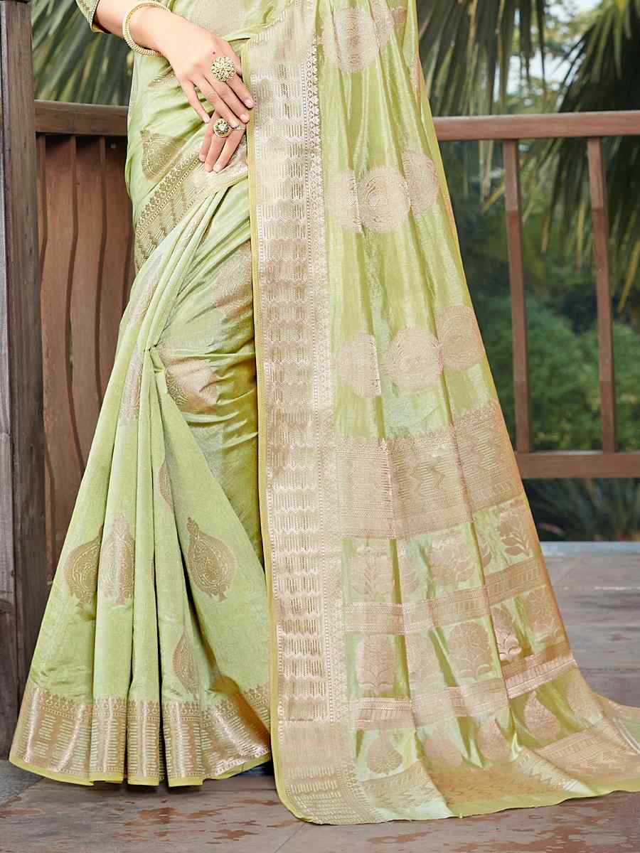 Pista Raw Silk Handwoven Party Festival Heavy Border Saree