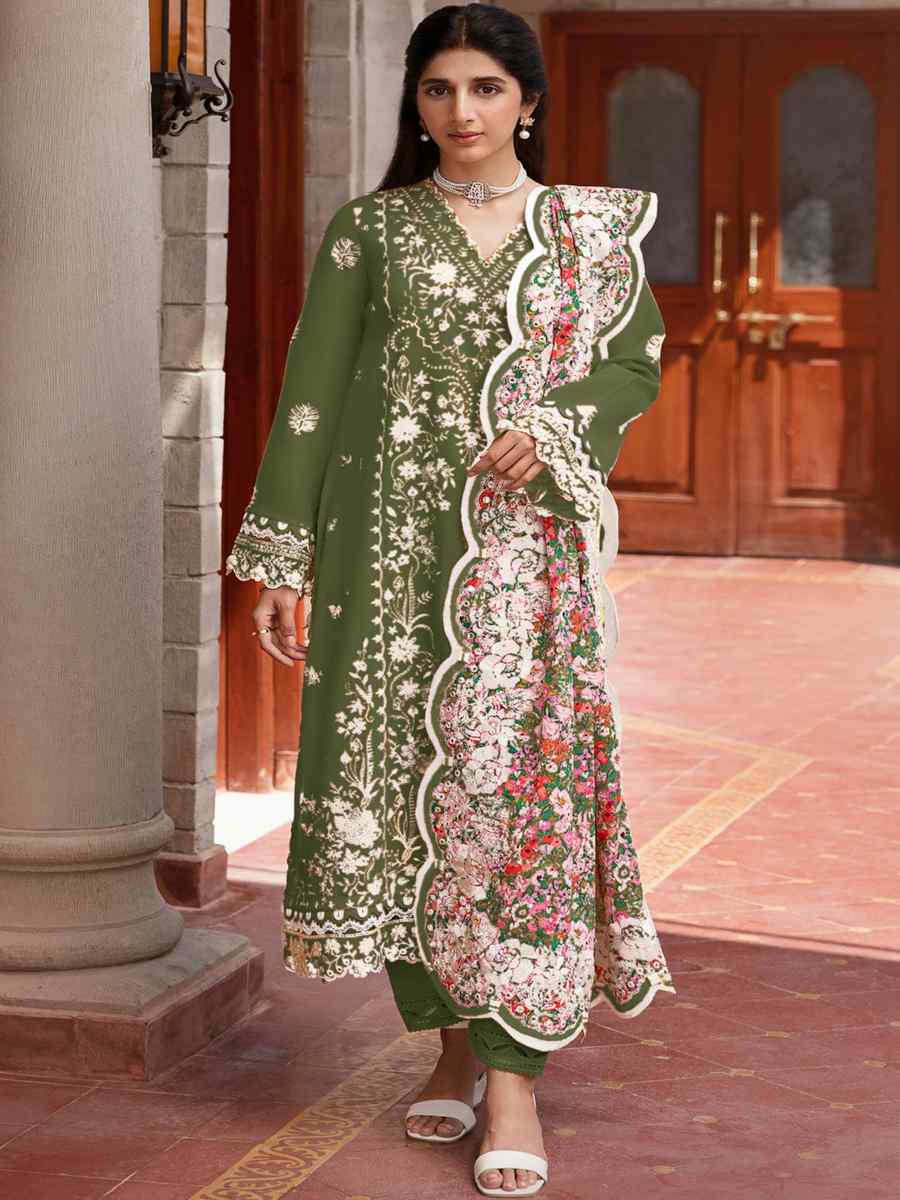 Pista Rayon Cotton Embroidered Festival Mehendi Pant Salwar Kameez