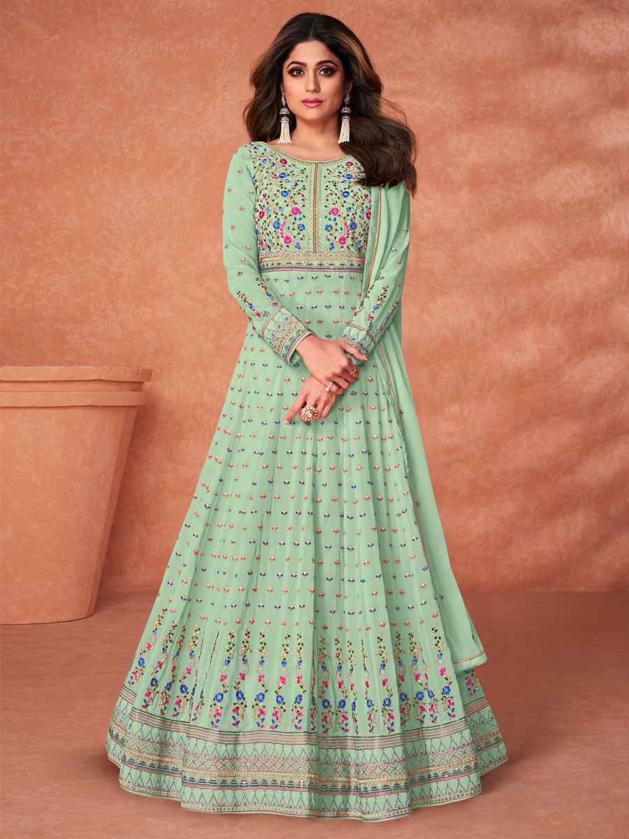 Pista Real Georgette Embroidered Party Festival Bollywood Style Anarkali Salwar Kameez