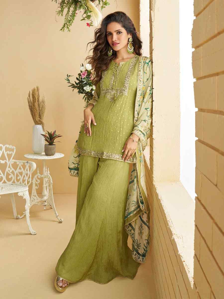 Pista Real Premium Chinon Silk Embroidery Party Wedding Festival Casual Ready Palazzo Pant Salwar Kameez