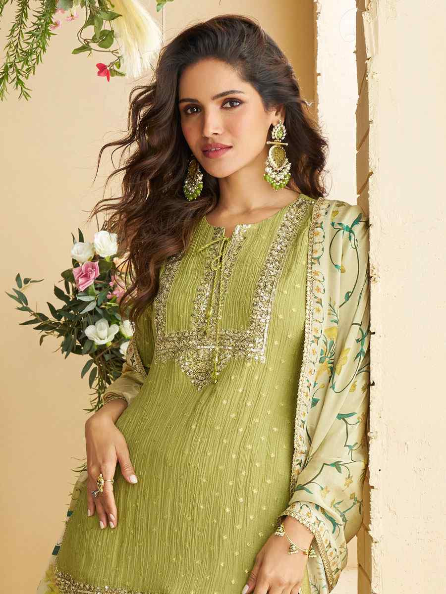 Pista Real Premium Chinon Silk Embroidery Party Wedding Festival Casual Ready Palazzo Pant Salwar Kameez
