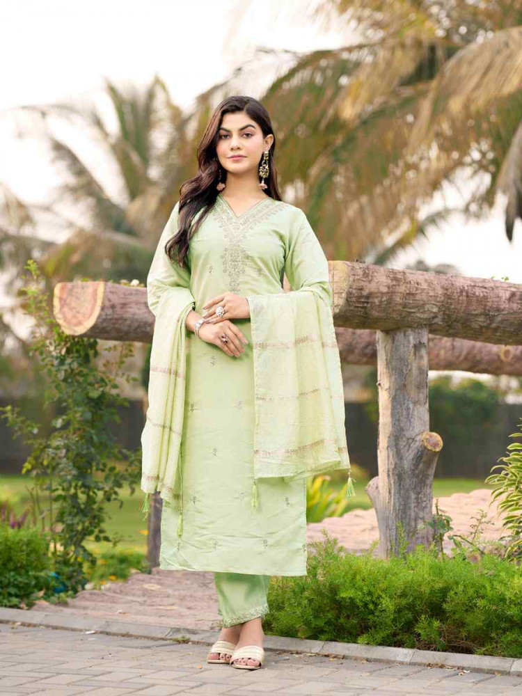 Image of Pista Roman Silk Embroidery Party Wedding Festival Casual Ready Pant Salwar Kameez