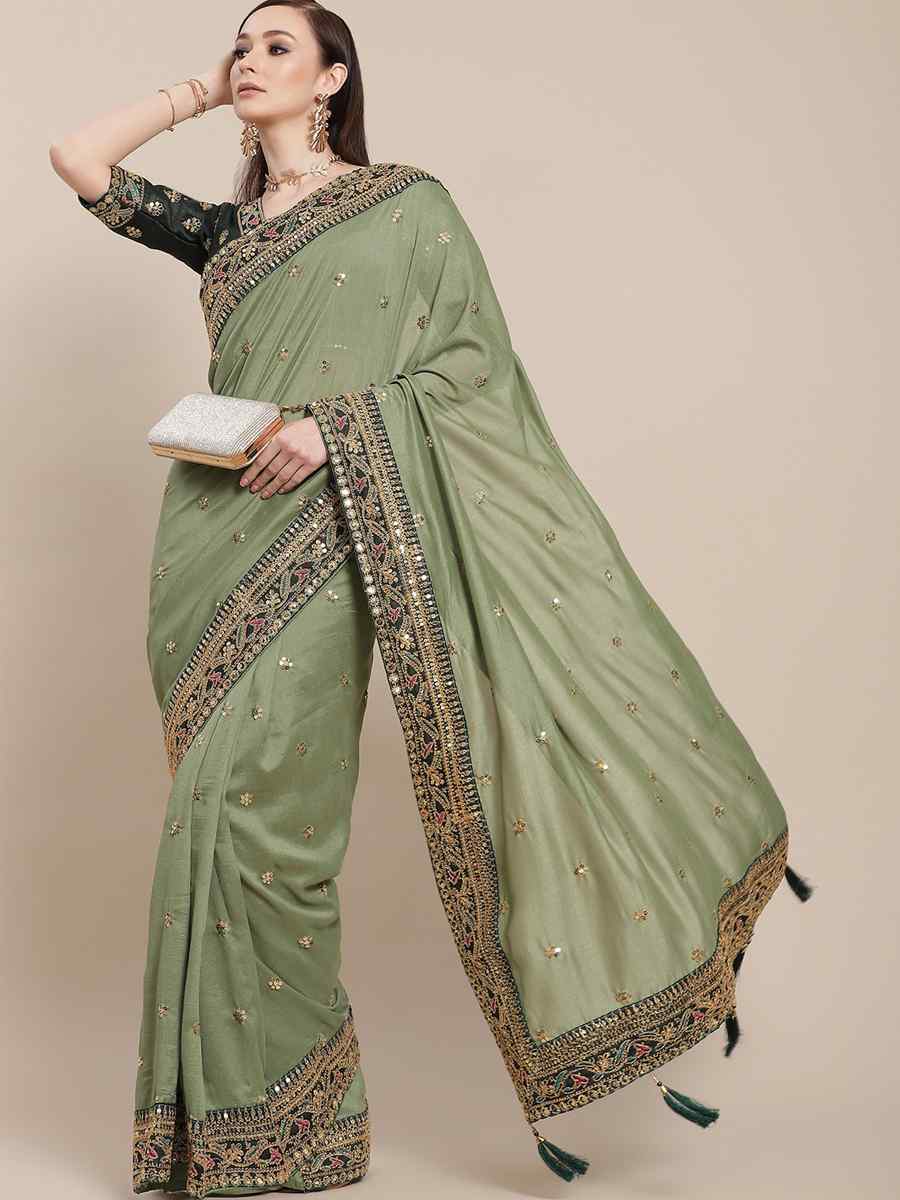 Pista Royal Vichitra Silk Handwoven Wedding Festival Heavy Border Saree