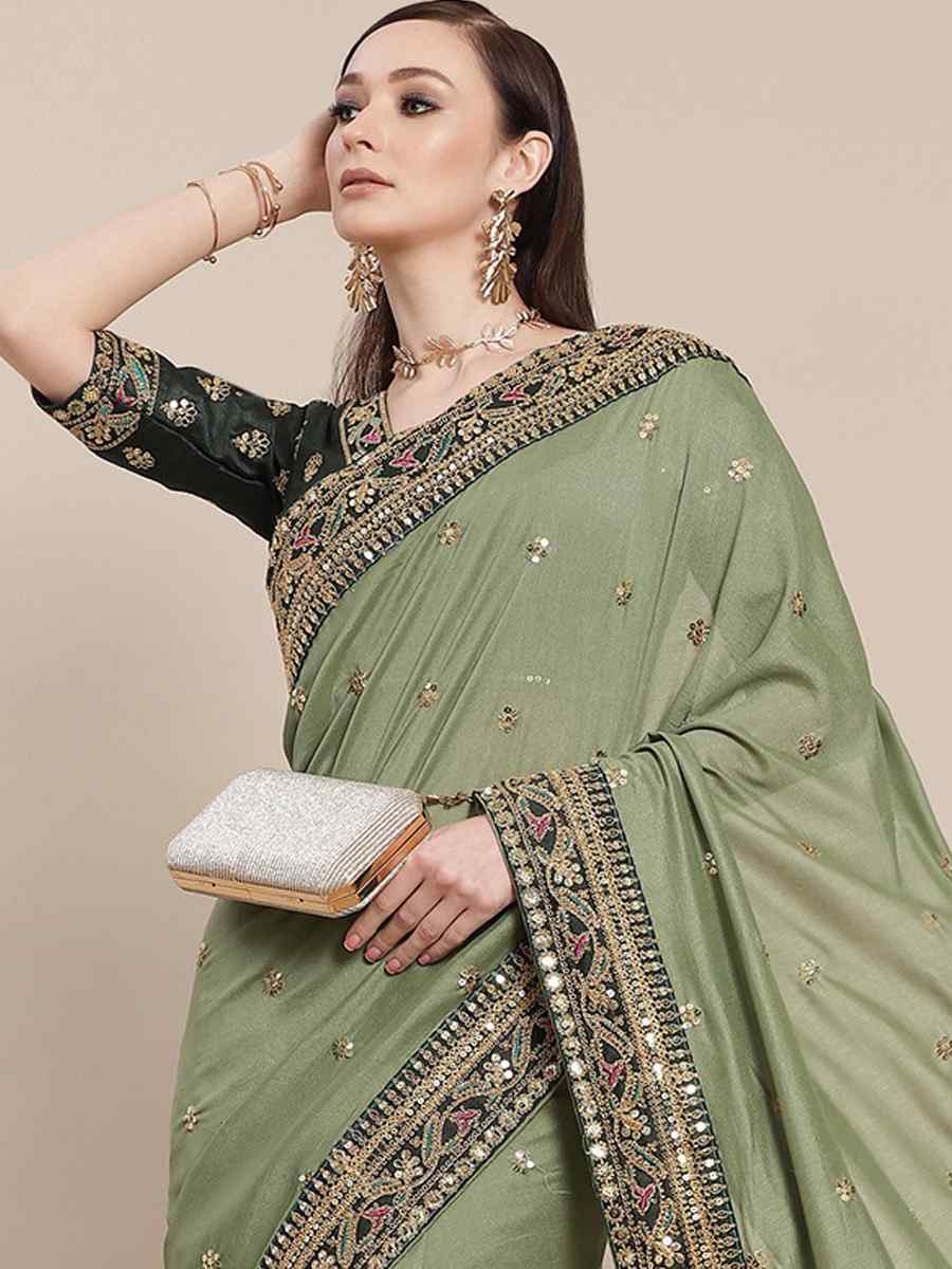 Pista Royal Vichitra Silk Handwoven Wedding Festival Heavy Border Saree