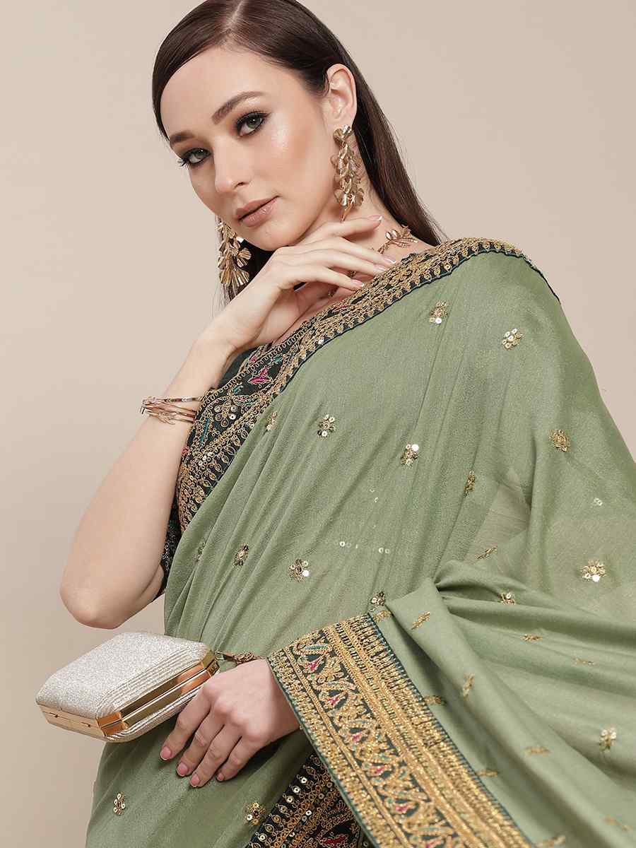 Pista Royal Vichitra Silk Handwoven Wedding Festival Heavy Border Saree