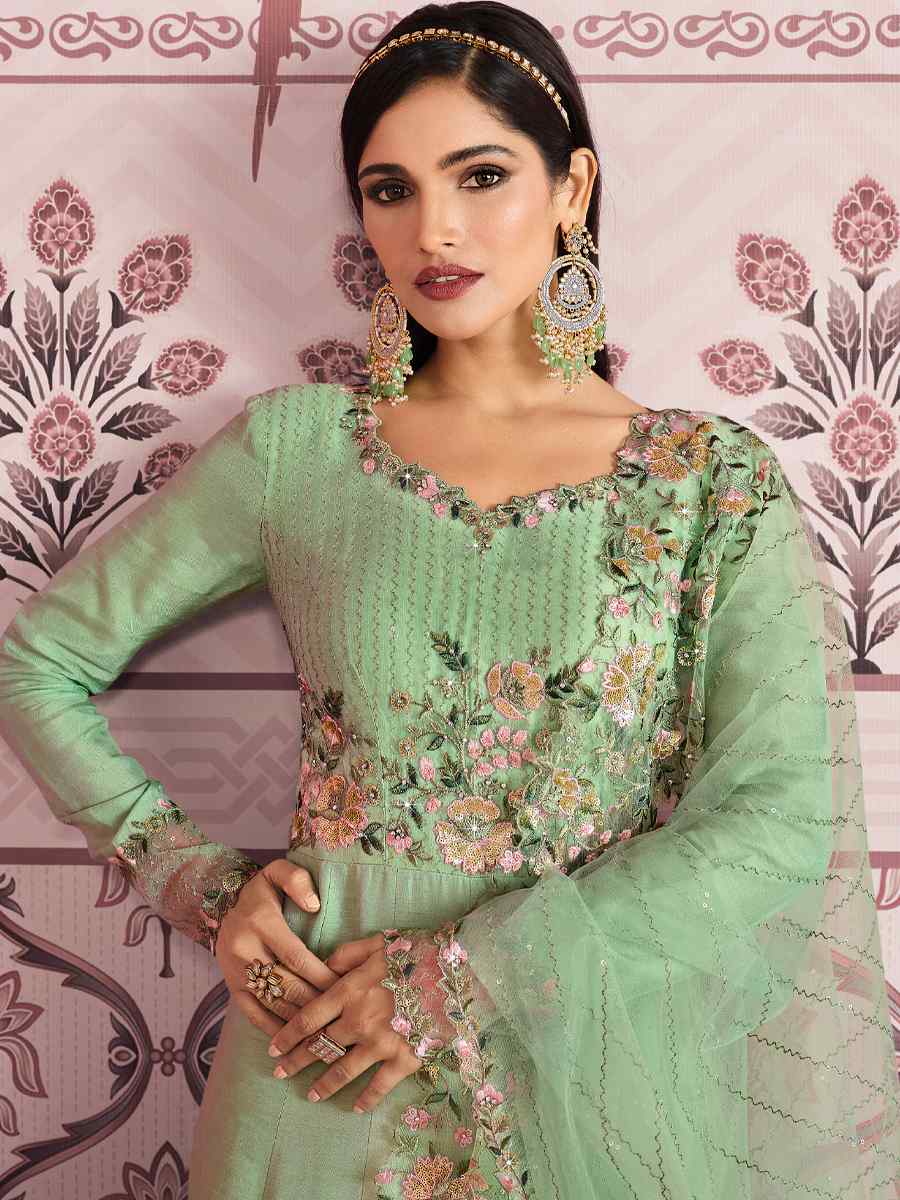 Pista Russian Silk Embroidered Festival Wedding Anarkali Salwar Kameez