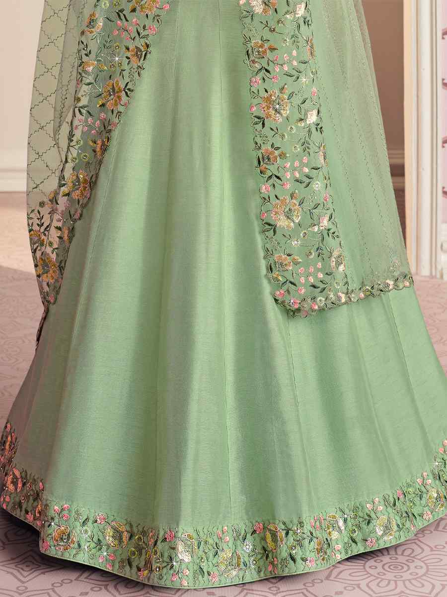 Pista Russian Silk Embroidered Festival Wedding Anarkali Salwar Kameez