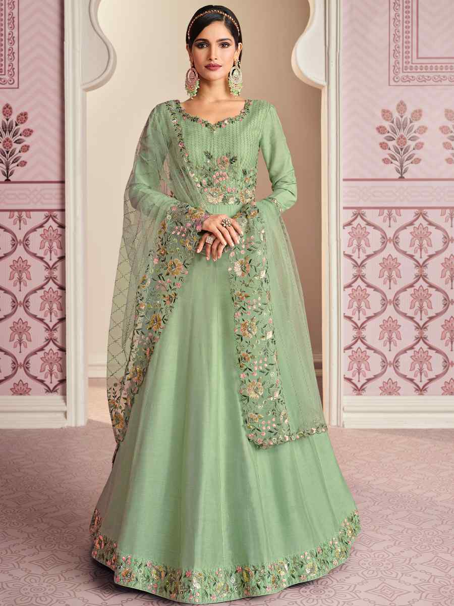 Pista Russian Silk Embroidered Festival Wedding Anarkali Salwar Kameez