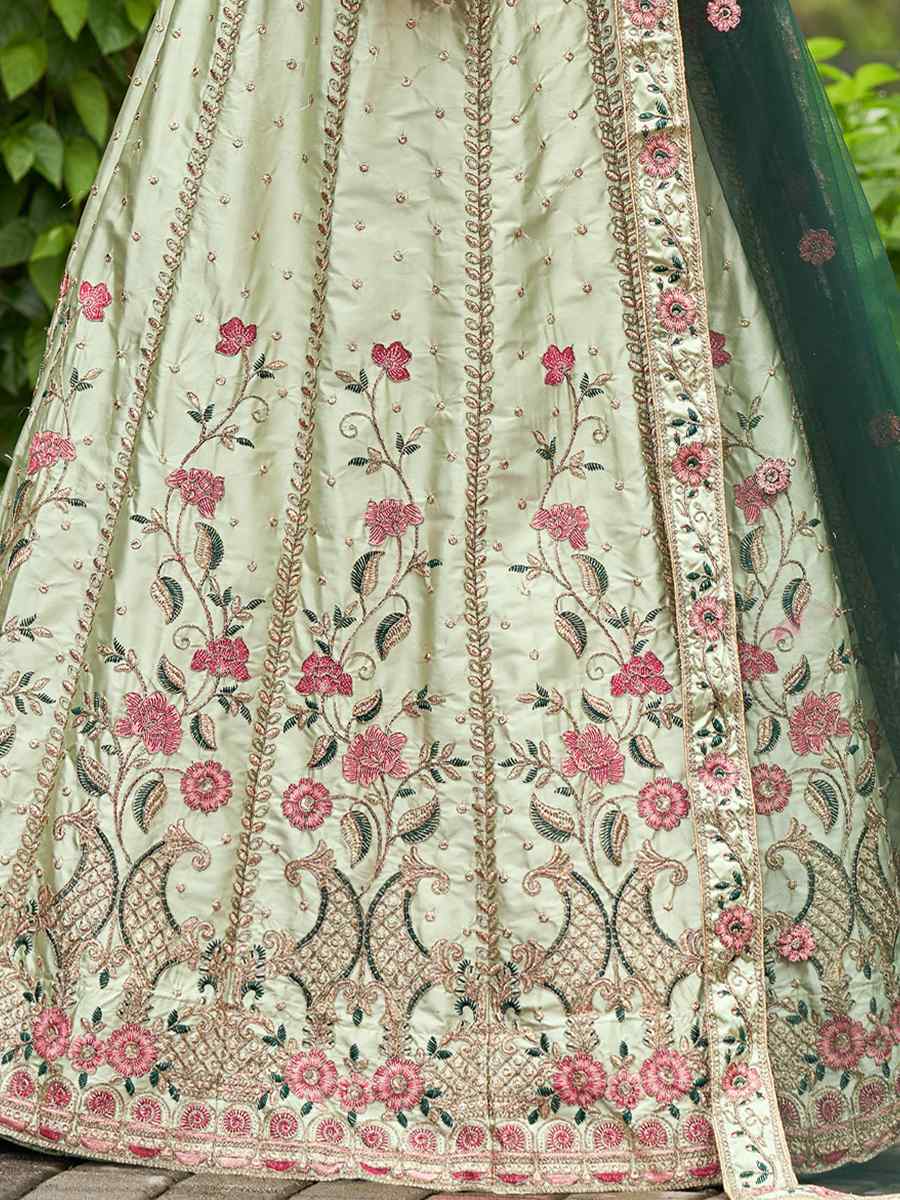 Pista Satin Silk Embroidered Festival Wedding Circular Lehenga Choli