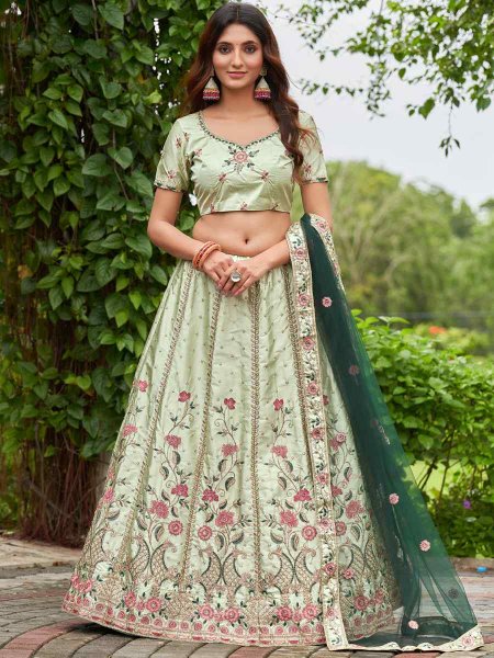 Pista Satin Silk Embroidered Festival Wedding Circular Lehenga Choli