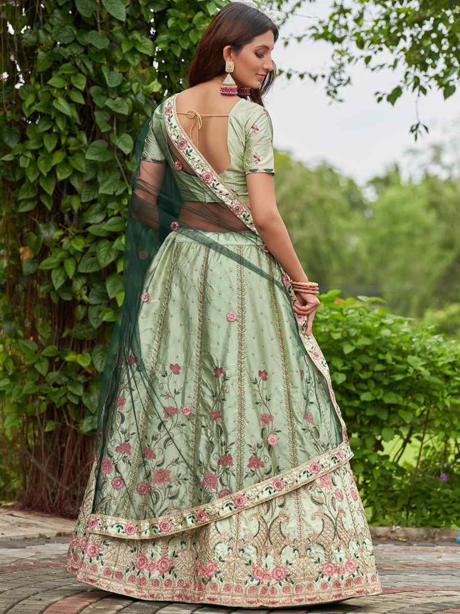 Pista Satin Silk Embroidered Festival Wedding Circular Lehenga Choli