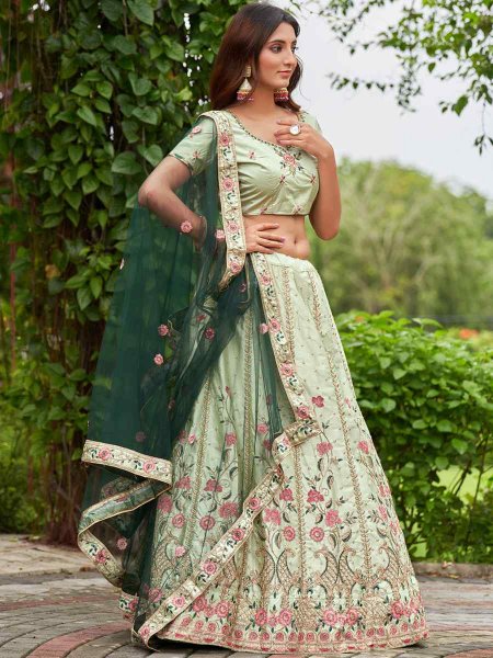 Pista Satin Silk Embroidered Festival Wedding Circular Lehenga Choli