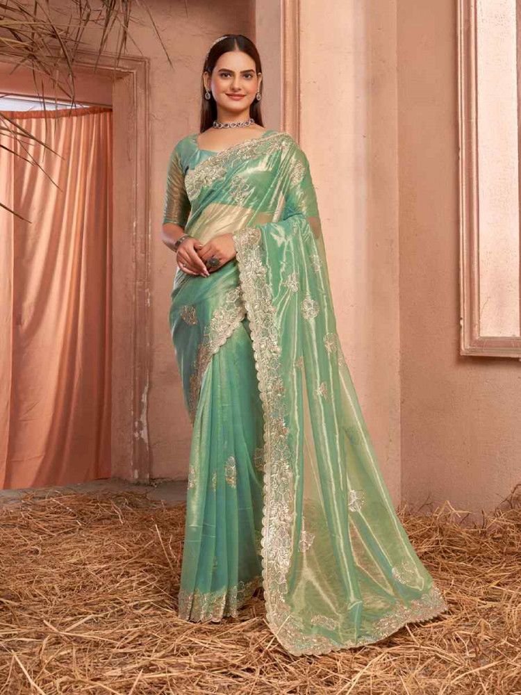 Pista Shimer Silver Net Handwoven Festival Wedding Heavy Border Saree