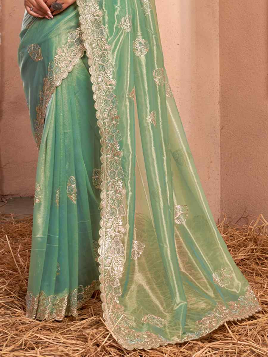 Pista Shimer Silver Net Handwoven Festival Wedding Heavy Border Saree