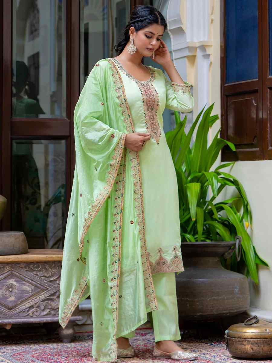 Pista Silk Blend Embroidered Mehendi Wedding Ready Pant Salwar Kameez