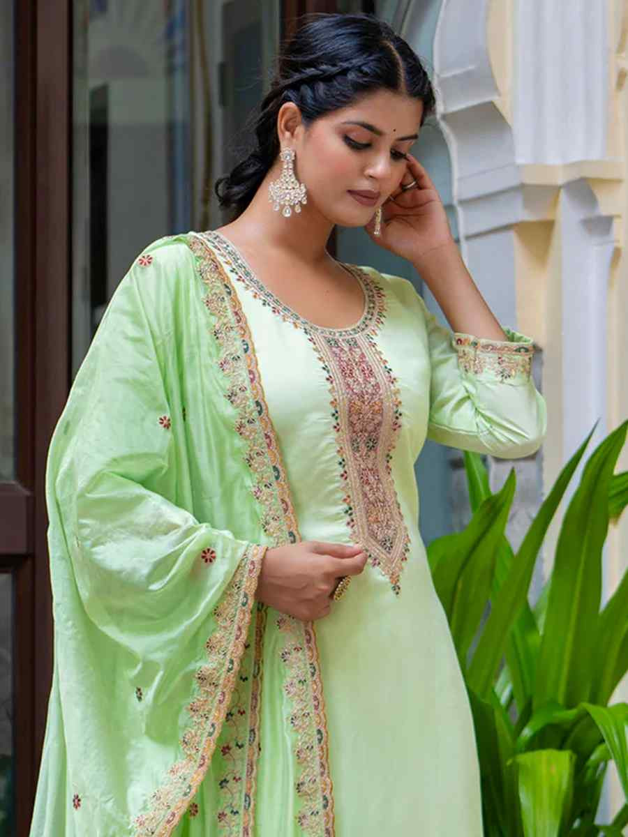 Pista Silk Blend Embroidered Mehendi Wedding Ready Pant Salwar Kameez