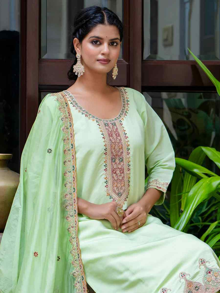 Pista Silk Blend Embroidered Mehendi Wedding Ready Pant Salwar Kameez