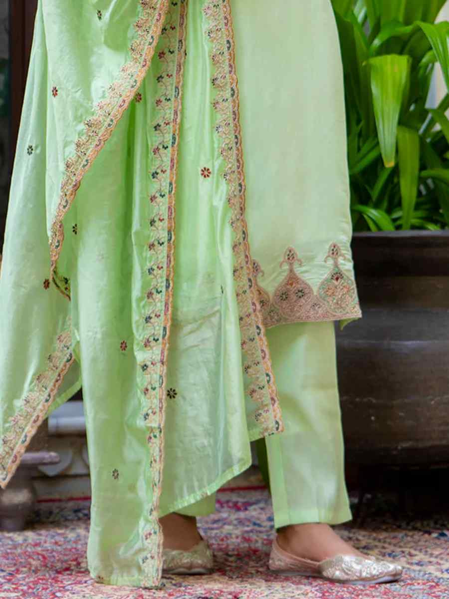 Pista Silk Blend Embroidered Mehendi Wedding Ready Pant Salwar Kameez