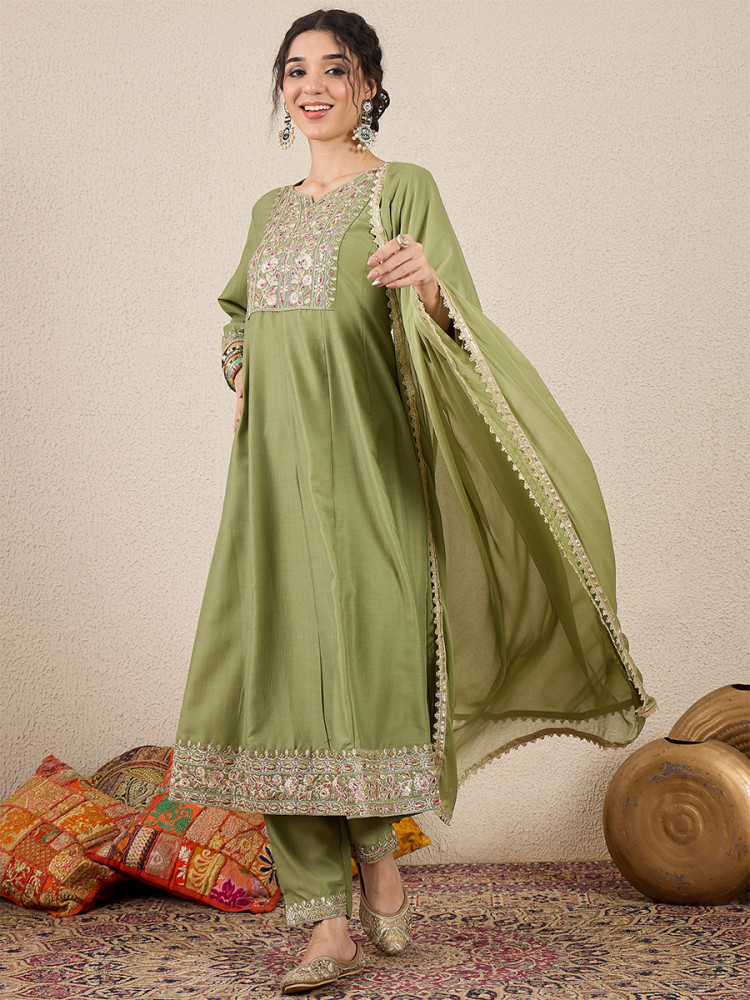 Image of Pista Silk Blend Embroidery Wedding Party Festival Casual Ready Pant Salwar Kameez