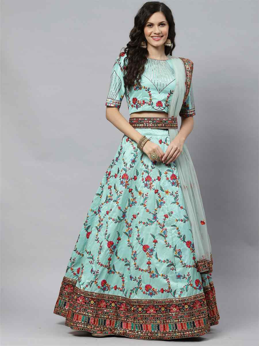 Pista Silk Embroidered Party Wear Wedding Heavy Border Lehenga Choli