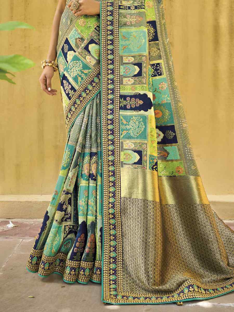 Pista Silk Embroidered Wedding Festival Heavy Border Saree