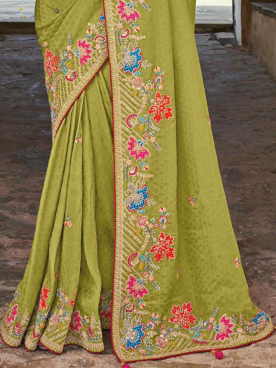 Pista Silk Embroidered Wedding Festival Heavy Border Saree
