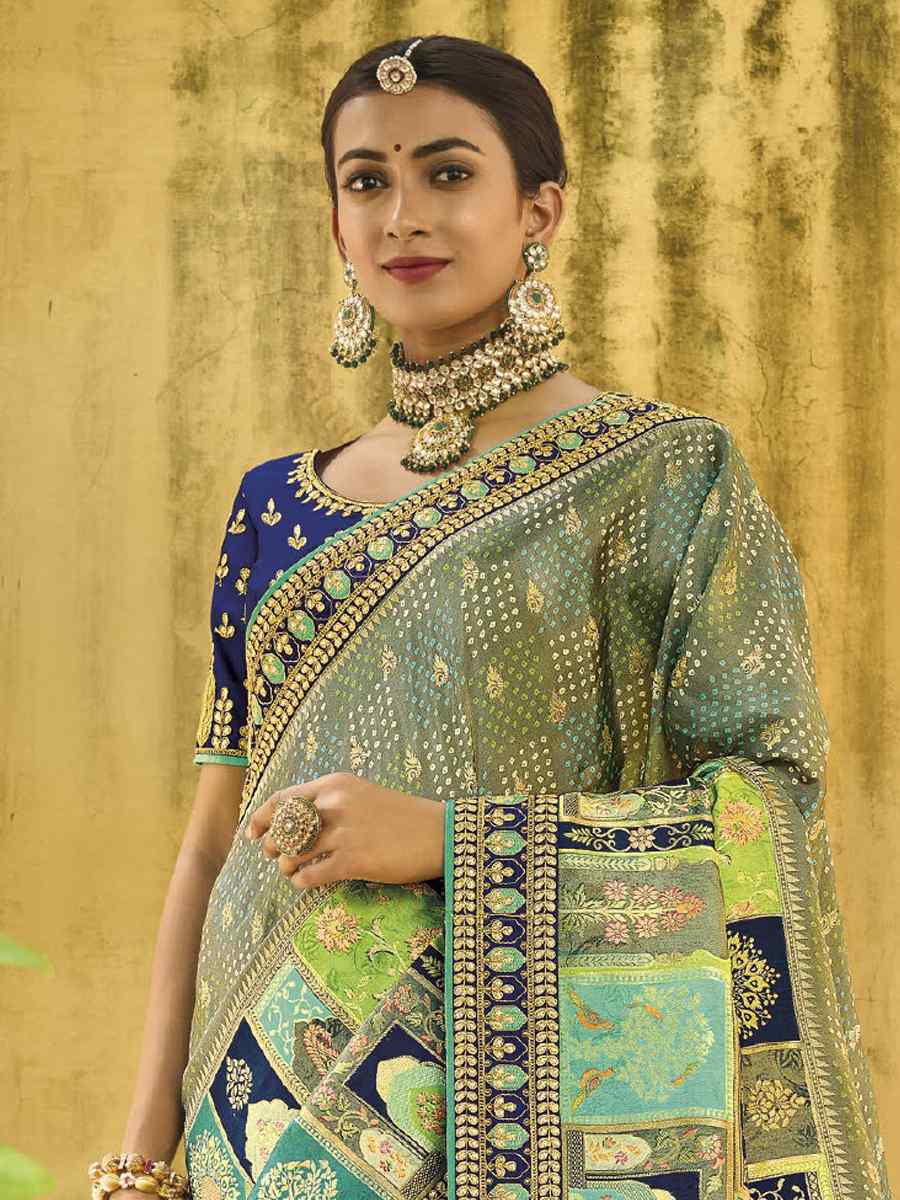 Pista Silk Embroidered Wedding Festival Heavy Border Saree