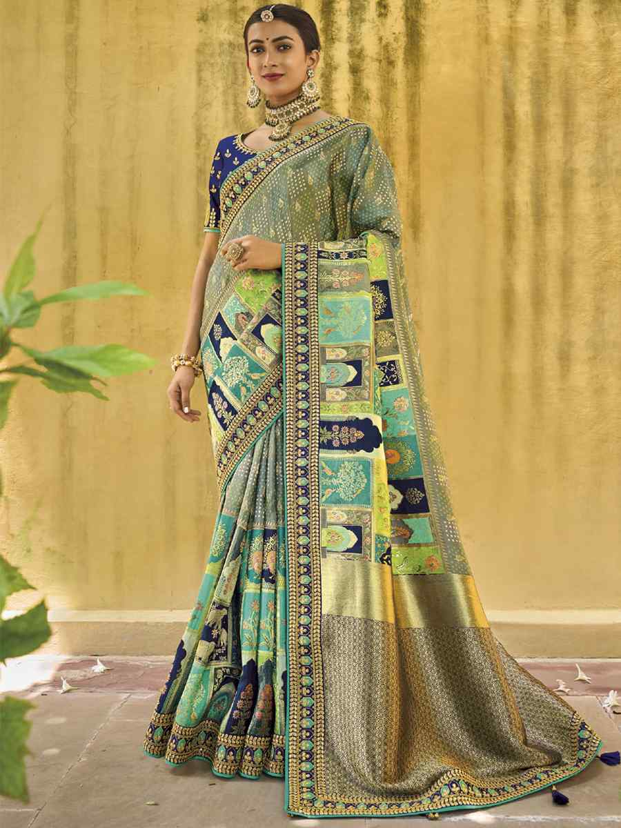 Pista Silk Embroidered Wedding Festival Heavy Border Saree