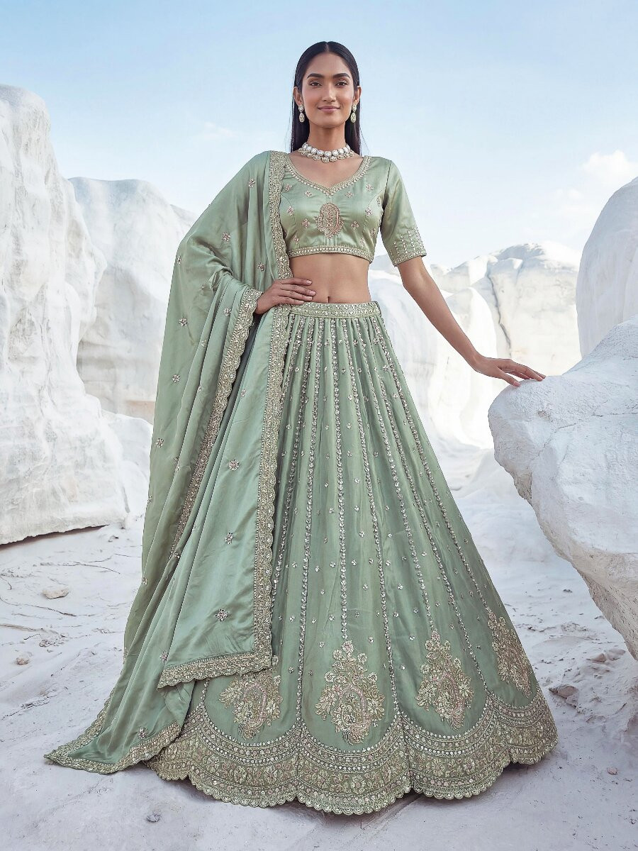 Pista Silk Embroidery Zari Sequins Wedding Reception Party Festival Heavy Border Lehenga Choli