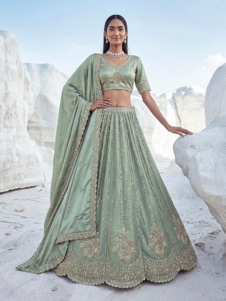 Image of Pista Silk Embroidery Zari Sequins Wedding Reception Party Festival Heavy Border Lehenga Choli