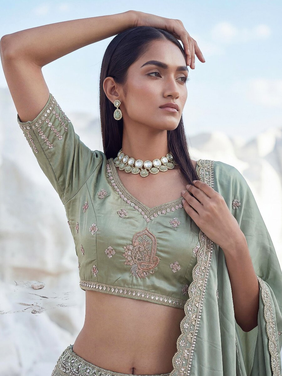 Pista Silk Embroidery Zari Sequins Wedding Reception Party Festival Heavy Border Lehenga Choli