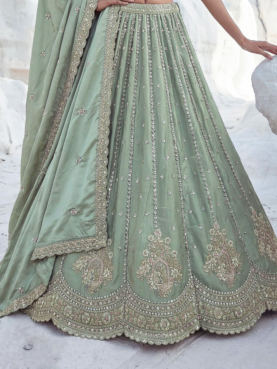 Pista Silk Embroidery Zari Sequins Wedding Reception Party Festival Heavy Border Lehenga Choli