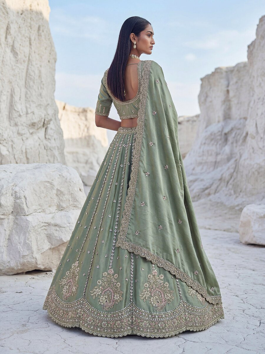 Pista Silk Embroidery Zari Sequins Wedding Reception Party Festival Heavy Border Lehenga Choli