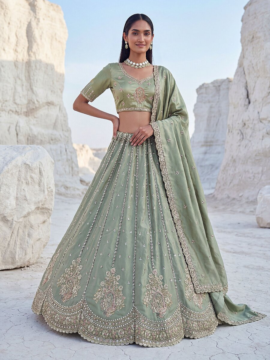 Pista Silk Embroidery Zari Sequins Wedding Reception Party Festival Heavy Border Lehenga Choli