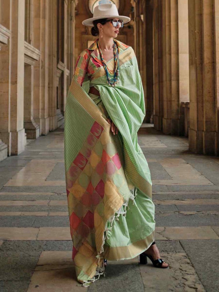 Pista Silk Handwoven Casual Festival Classic Style Saree