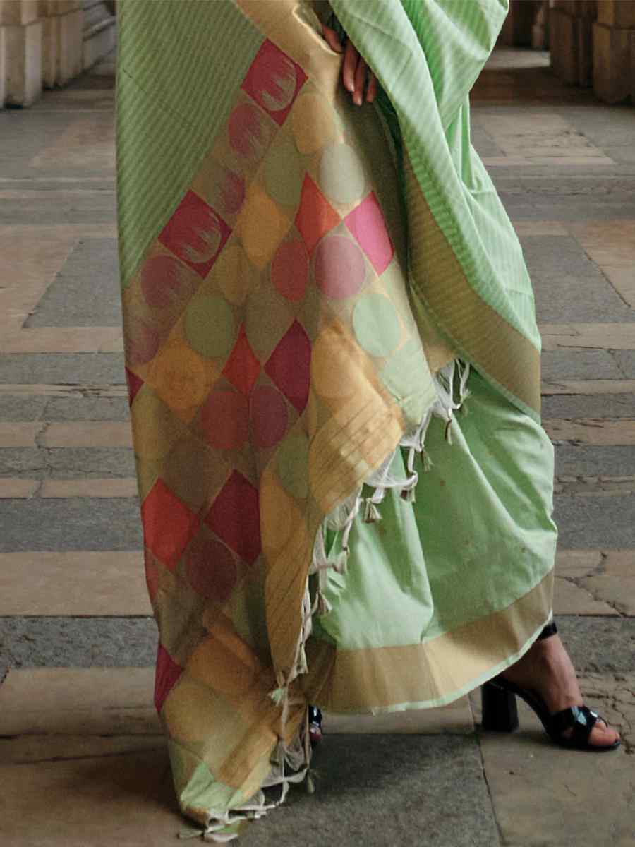 Pista Silk Handwoven Casual Festival Classic Style Saree